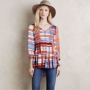 MAEVE ANTHROPOLOGIE RED BLUE PLAID FLOWY 3/4 Sleeve Blouse TUNIC TOP XS EUC